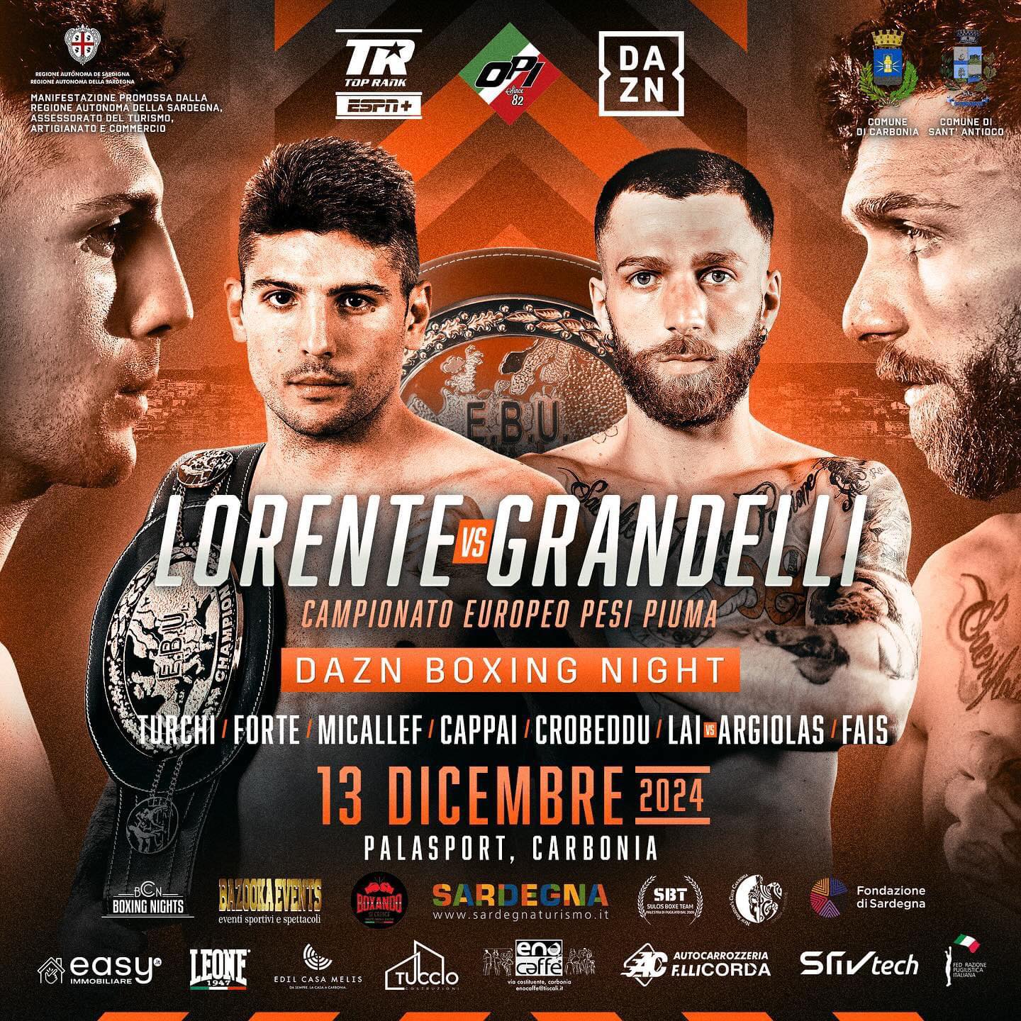 Il 13 dicembre a carbonia Grandelli vs Lorente per l'Europeo Pesi Piuma 