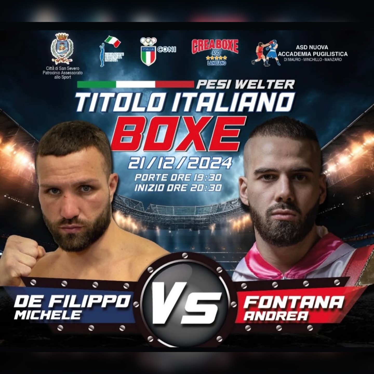 Il 21 dicembre p.v. a San Severo (FG) la sfida per il Titolo Italiano Welter Michele De Filippo vs Andrea Fontana 