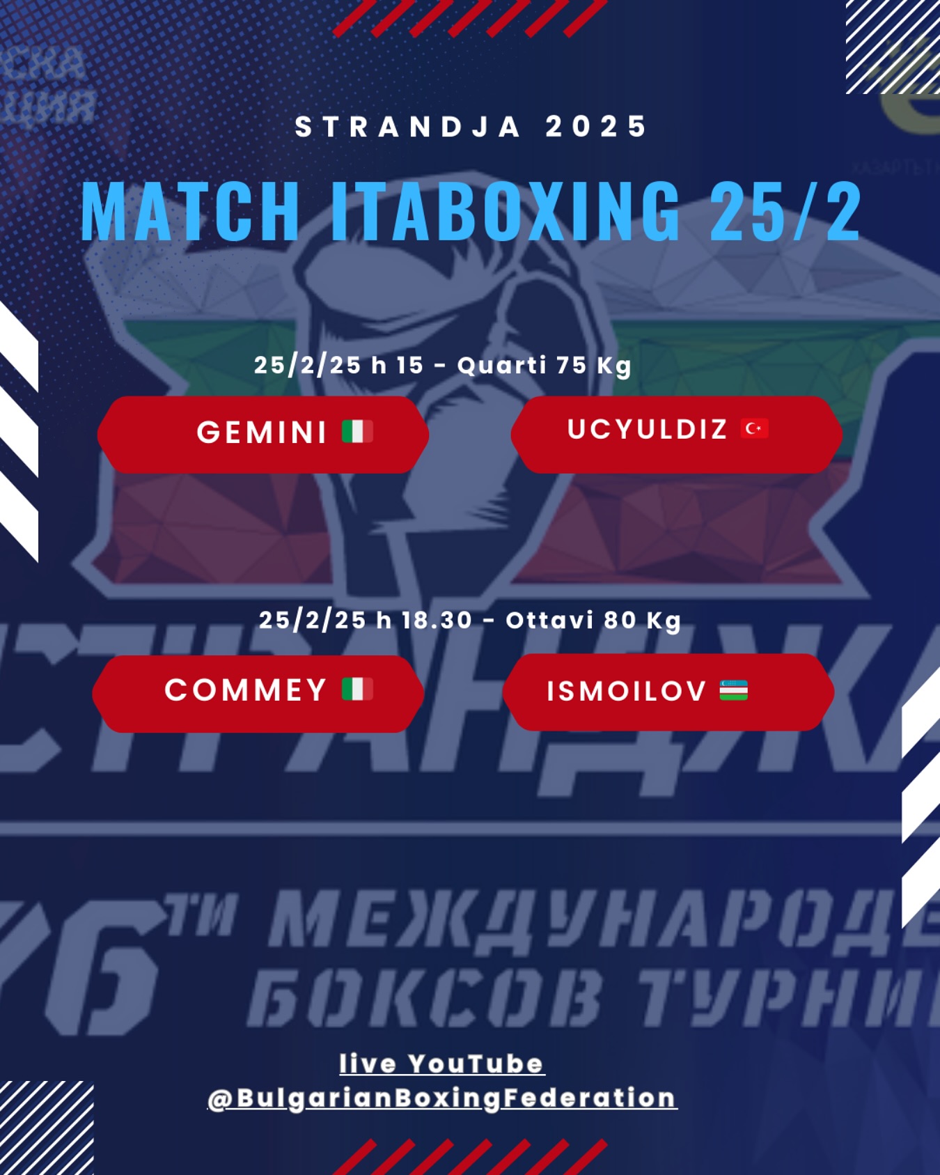 TORNEO STRANDJA 2025 - OGGI (25/2) sul RING la 75 Kg Gemini e l'80 Kg Commey - INFO ORARI & LIVESTREAMING 