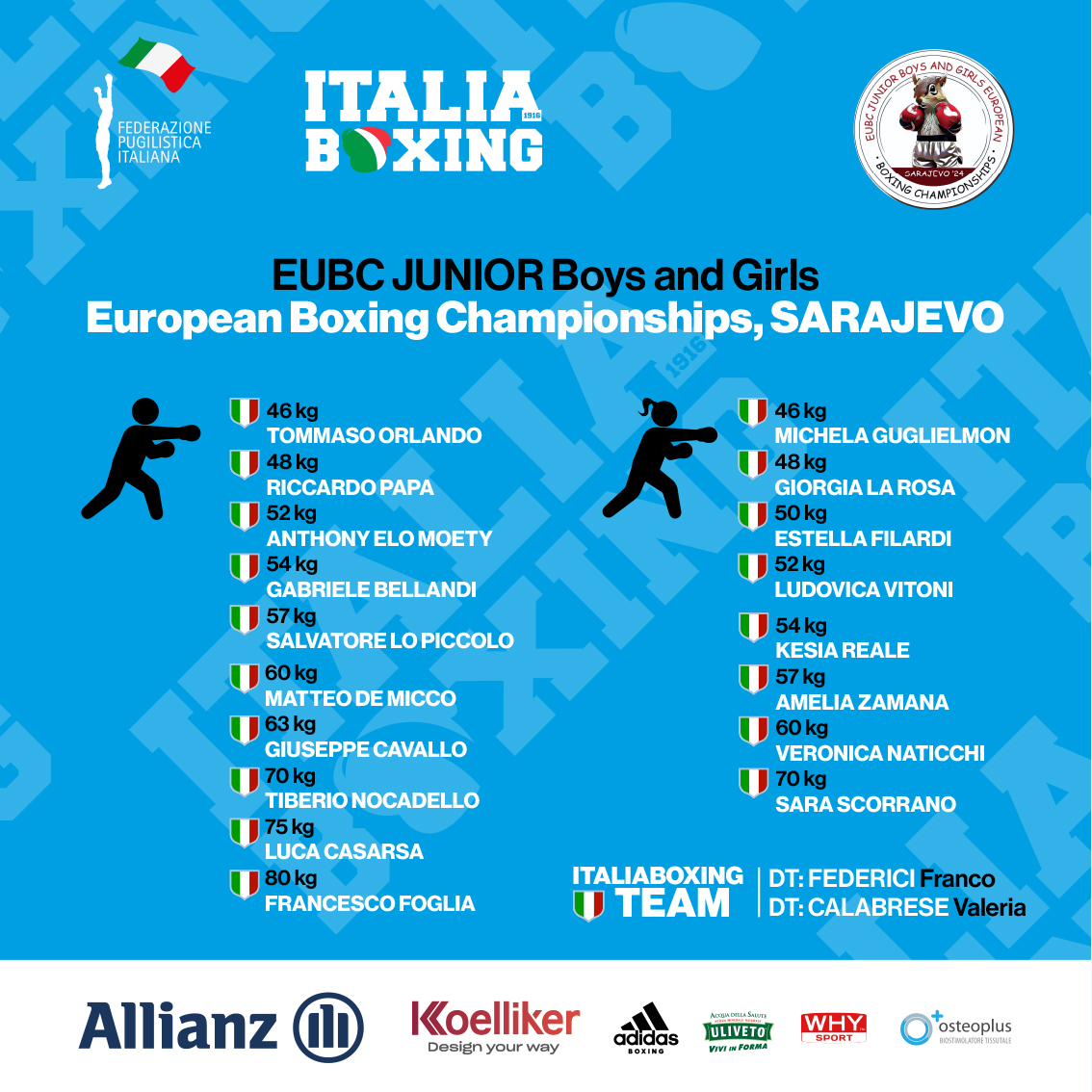 Euro Junior M/F 2024: 8 Azzurrine e 10 Azzurrini sul ring di Sarajevo 
