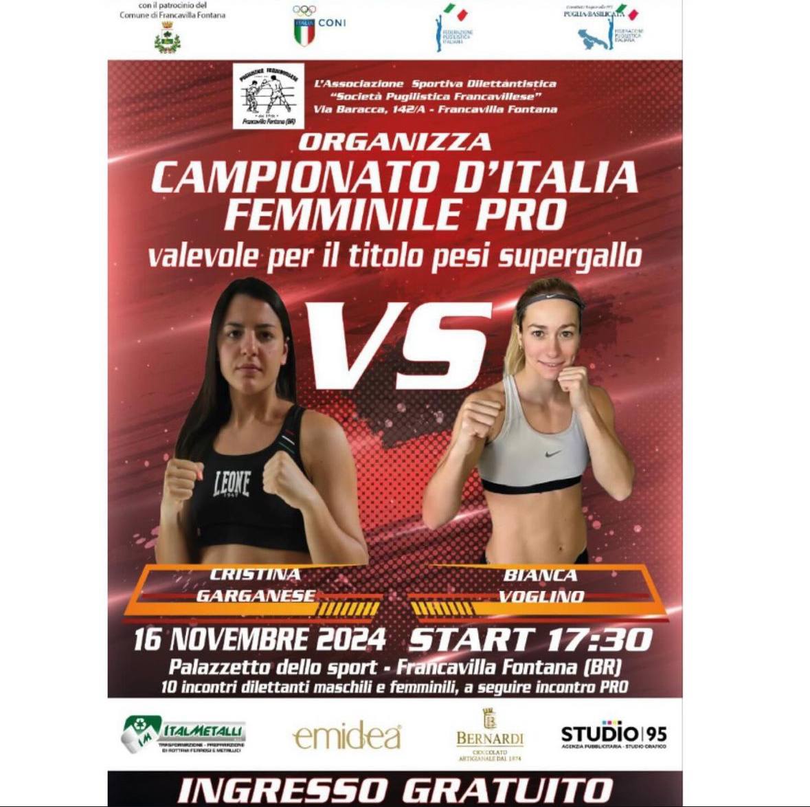Il 16 novembre a Francavilla Fontana il match per l'Italiano dei Supergallo tra Cristina Garganese e Bianca Voglino 