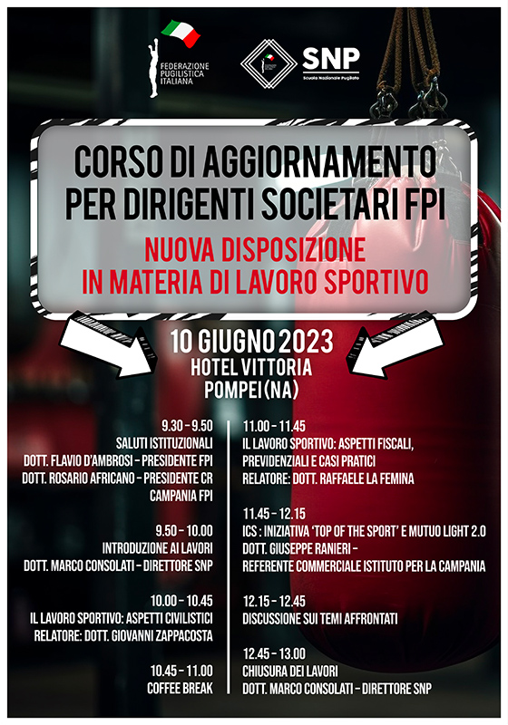 Il 10 Giugno a Pompei Corso di aggiornamento nazionale “Le nuove disposizione in materia di lavoro sportivo dilettantistico” per Dirigenti di Società e Associazioni Sportive affiliate FPI - Modulo Iscrizione 