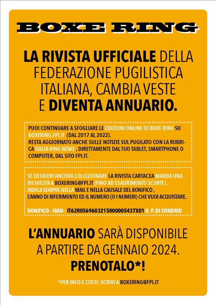 BOXE RING, LA RIVISTA UFFICIALE DELLA FEDERAZIONE PUGILISTICA ITALIANA, DIVENTA ANNUARIO.