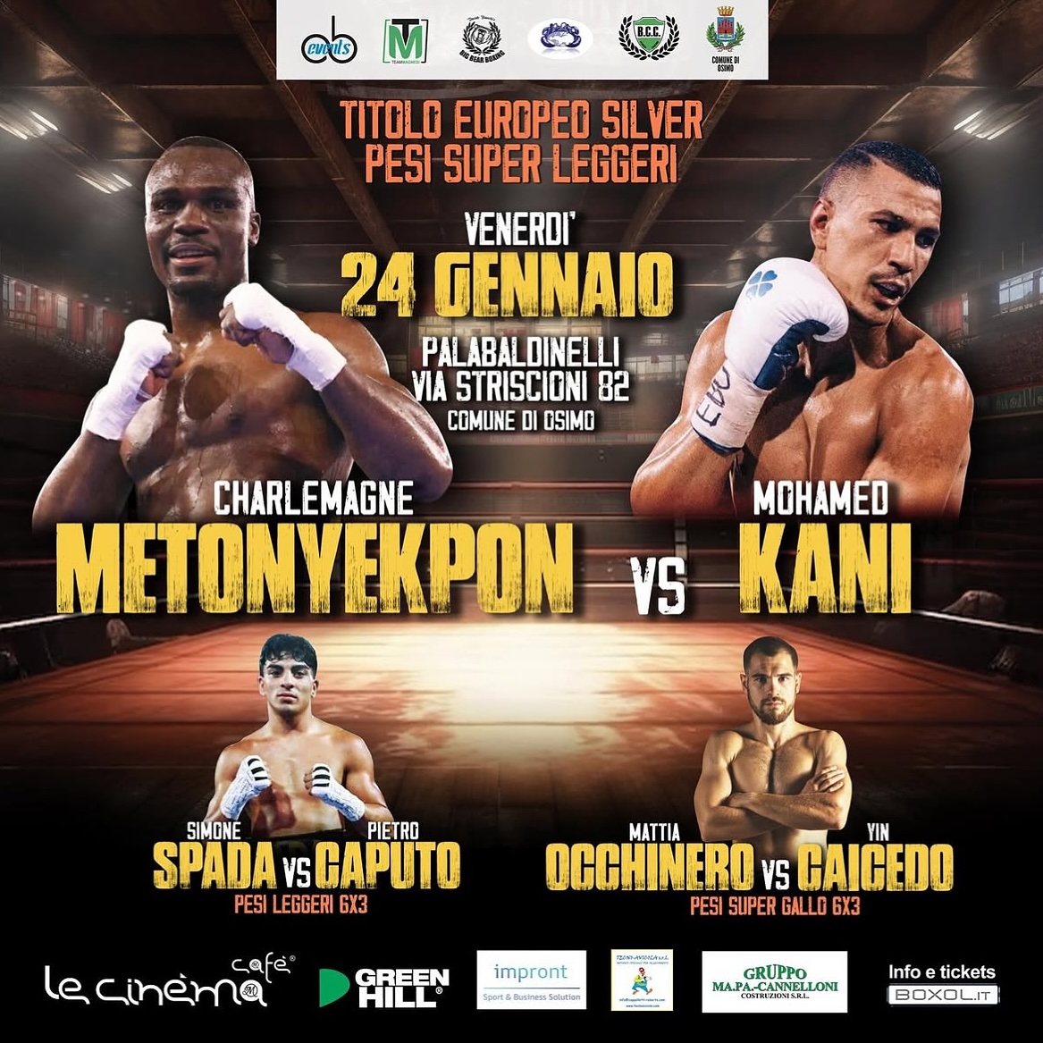OSIMO BOXING NIGHT - IL 24 GENNAIO LA SFIDA EBU SILVER SUPERLEGGERI METONYEKPON VS KANI - INFO LIVESTREAMING
