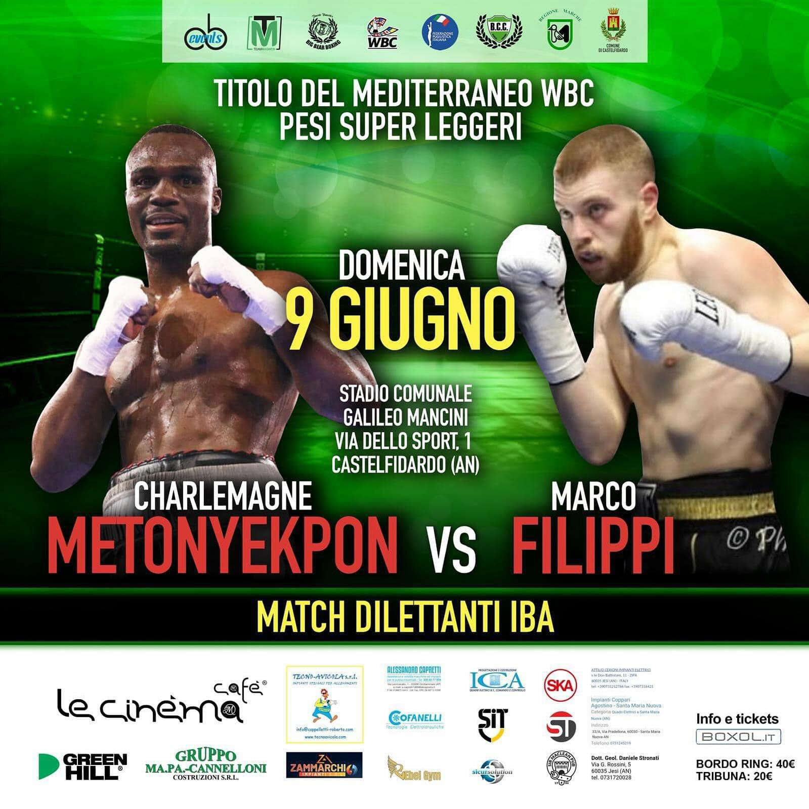 Titolo Mediterraneo WBC Pesi SUPERLEGGERI: Il 9 Giugno a CastelFidardo Metonyekpon vs Filippi - Info Ticket 