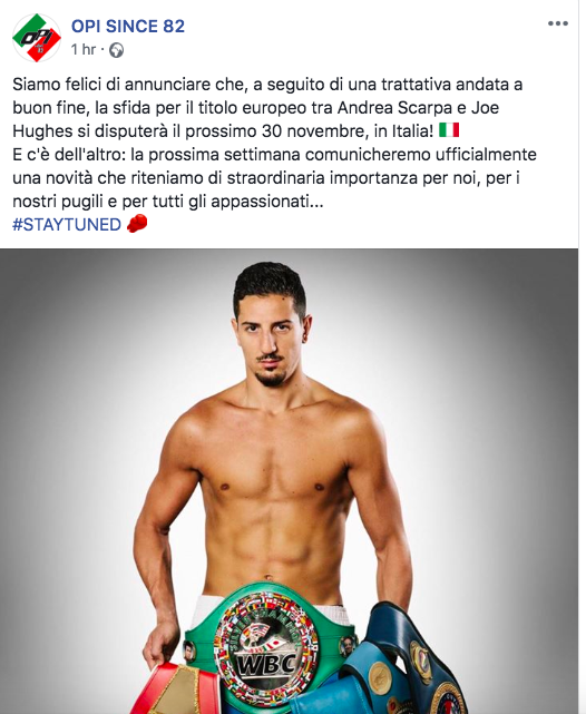 Il 30 novembre in Italia la sfida per l'europeo Superleggeri tra Scarpa e Hughes #ProBoxing 