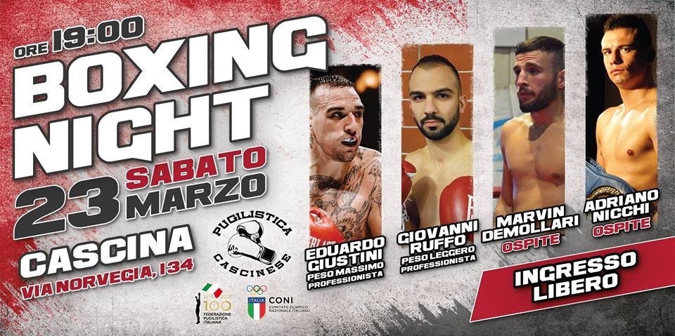 Sabato 23 marzo a Cascina grande serata di Boxe Pro e AOB 