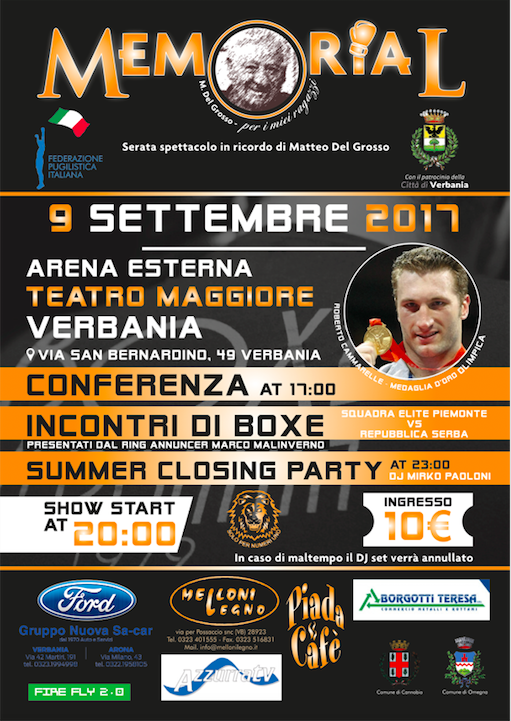 Sabato 9 Settembre a Verbania avrà luogo il Memorial Matteo Del Grosso. Cammarelle Ospite d'Onore 