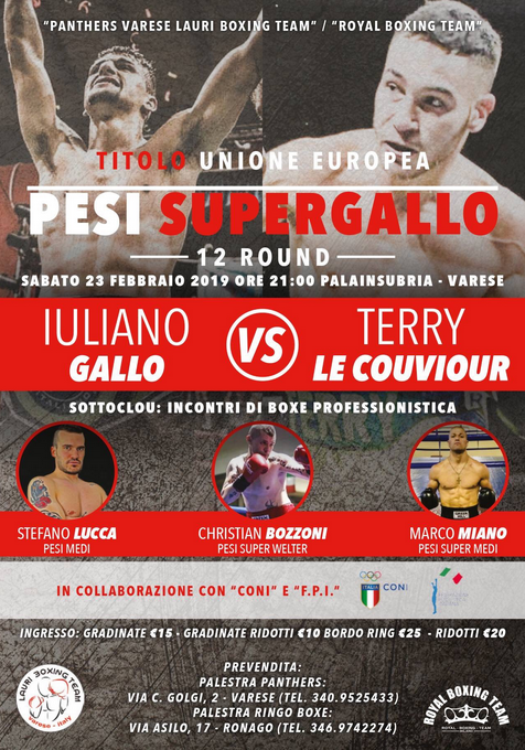Il 23 febbraio 2019 a Varese Gallo vs Le Couviour per il Titolo UE Supergallo - INFO TICKET 