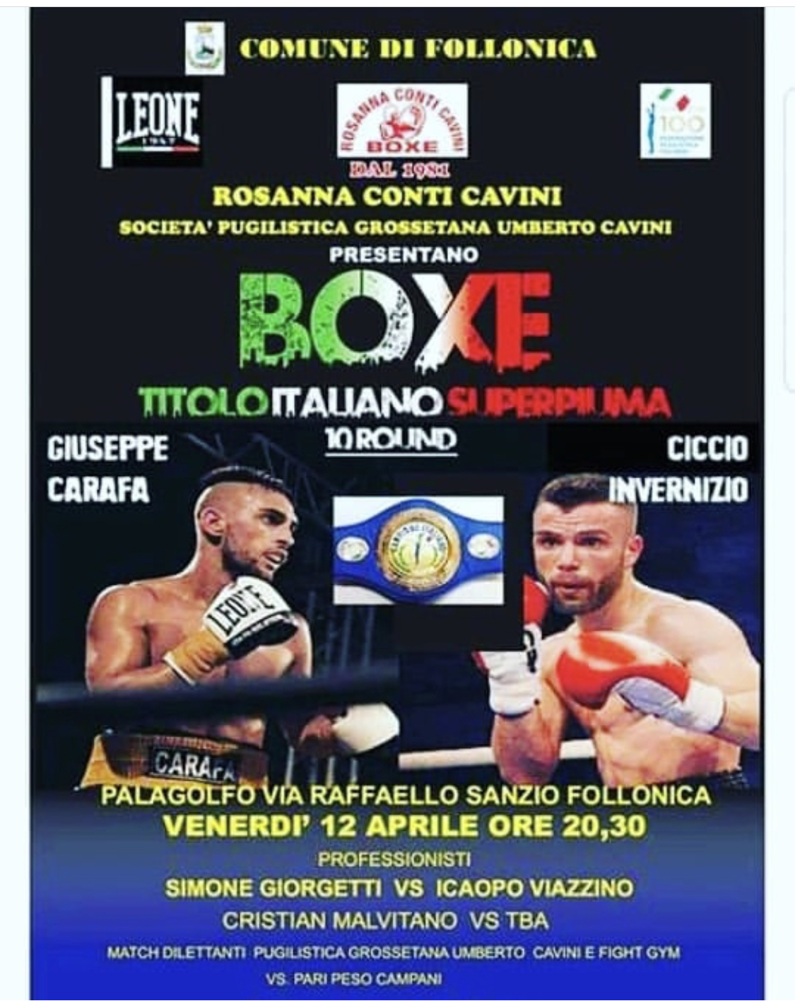 Il 12 aprile al PalaGolfo di Follonica Carafa vs Invernizio per il Titolo Italiano Superpiuma - INFO SOTTOCLOU #ProBoxing