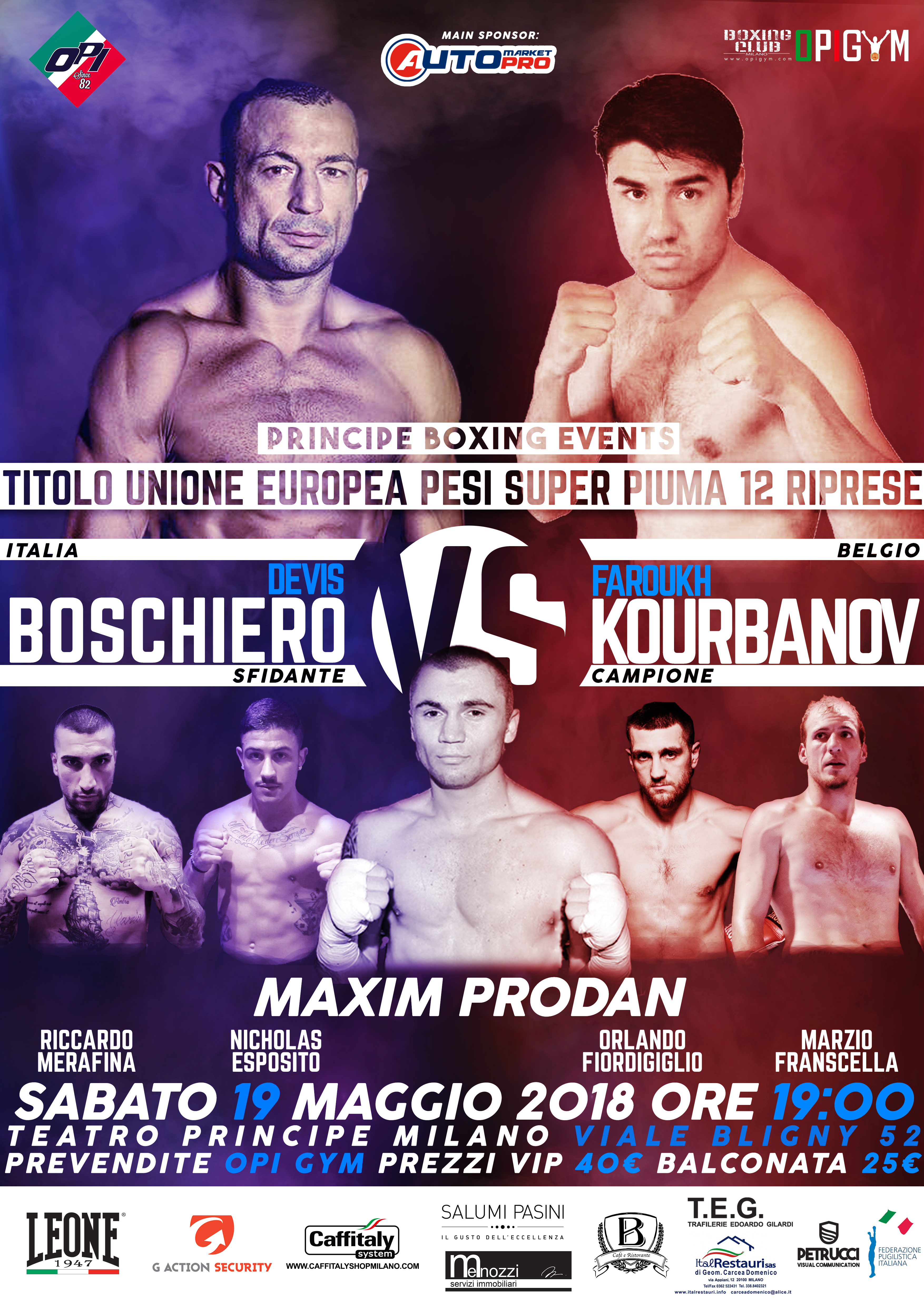 Il 19 maggio torna la boxe titolata al teatro Principe - Main Event Titolo UE Superpiuma Boschiero vs Kourbanov 