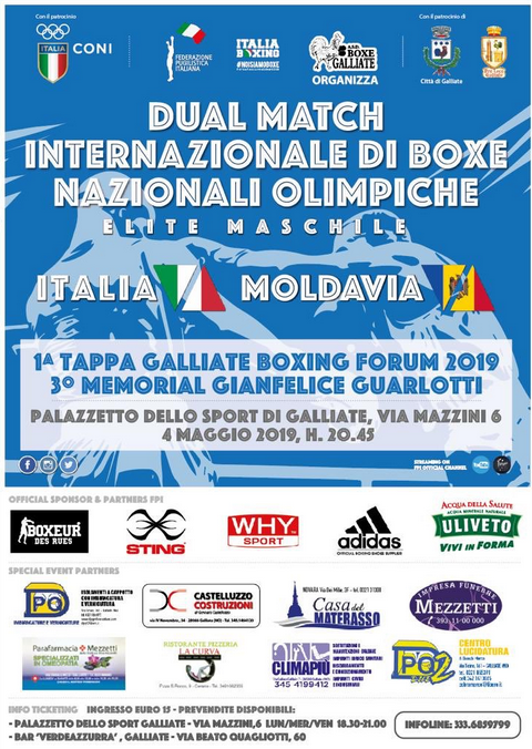 Il 4 Maggio a Galliate (NO) Dual Match Elite Maschile: Italia vs Moldavia #ItaBoxing 