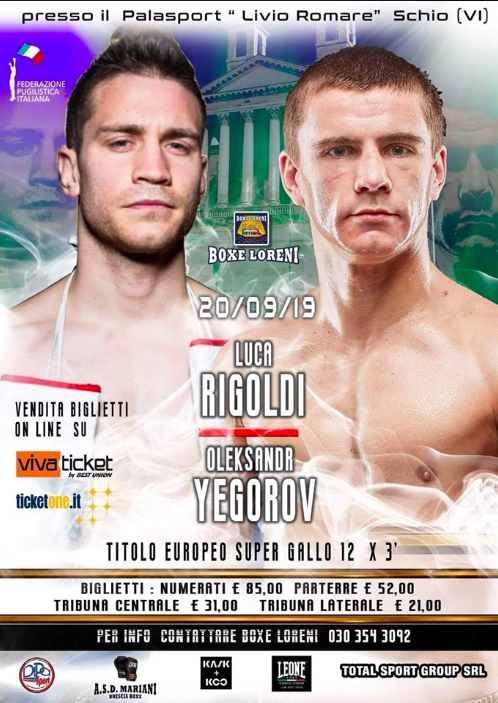 Titolo Europeo Supergallo Rigoldi vs Yehorov 20/9 Schio: Programma della Serata #Proboxing