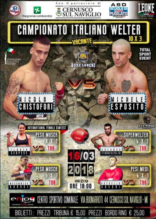 Programma ufficiale della serata di Cernusco del 16 Marzo - Main Event Cristofori vs Esposito per il Welter Italian Pro e la sfida Thunder vs Lionhearts