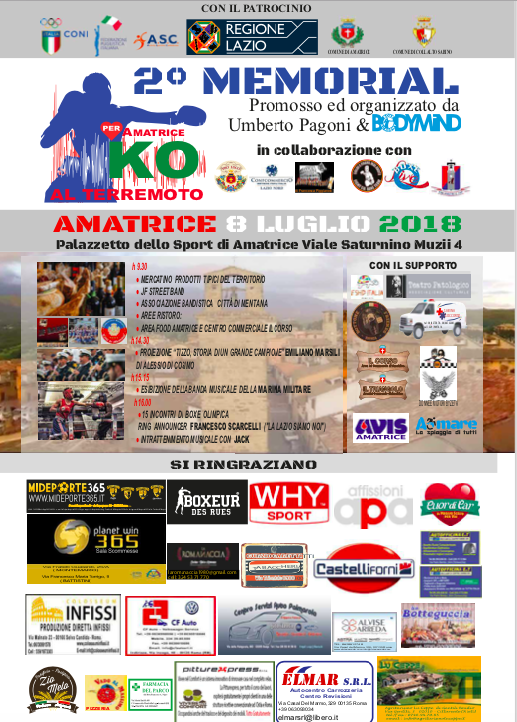 Martedì 3 Luglio a Roma presso Sala Mechelli, Consiglio Regionale del Lazio la Presentazione dell'Evento KO AL TERREMOTO PER AMATRICE. 