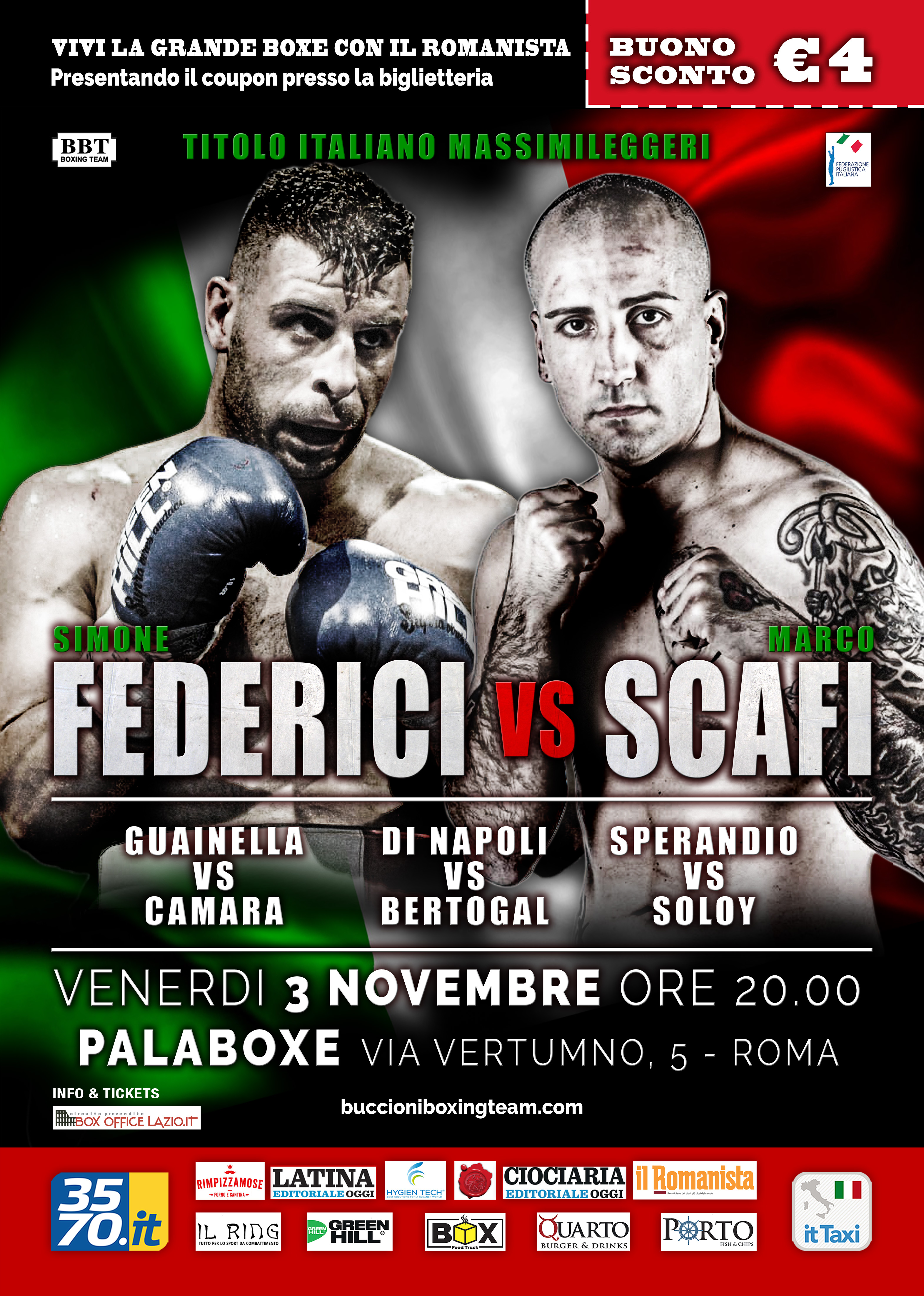 Il 3 Novembre a Roma Titolo Italiano Cruiser Federici vs Scafi - Il 2 H 16.30 la Diretta Streaming su Facebook FPI della Cerimonia del Peso #ProBoxing