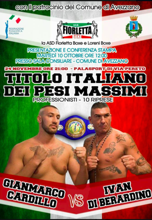 Domani ad Avezzano la presentazione del match per il Titolo Italiano Massimi Cardillo vs DiBerardino #ProBoxing 
