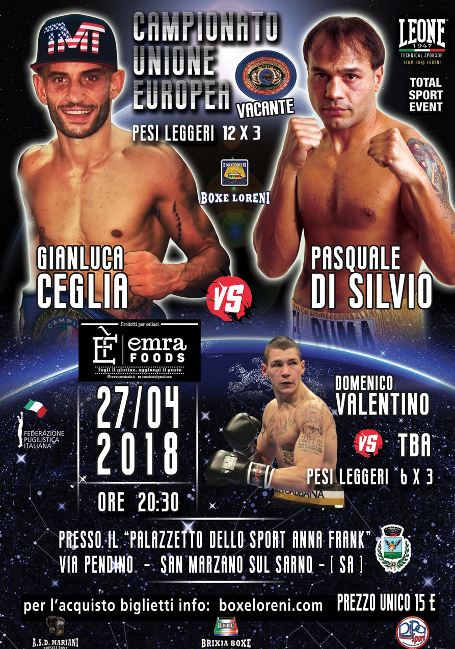 Ceglia vs Di SIlvio Titolo UE Leggeri 27/04/2018 S. Marzano sul Sarno - Info Ticket 