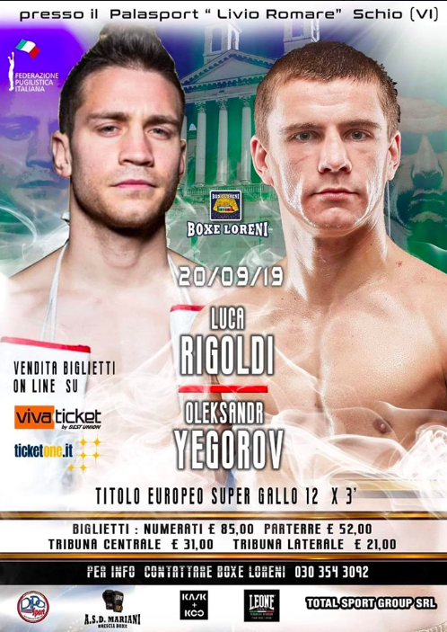 Il 29 luglio pv a Schio la presentazione del Titolo Europeo Supergallo Rigoldi vs Yehorov #ProBoxe