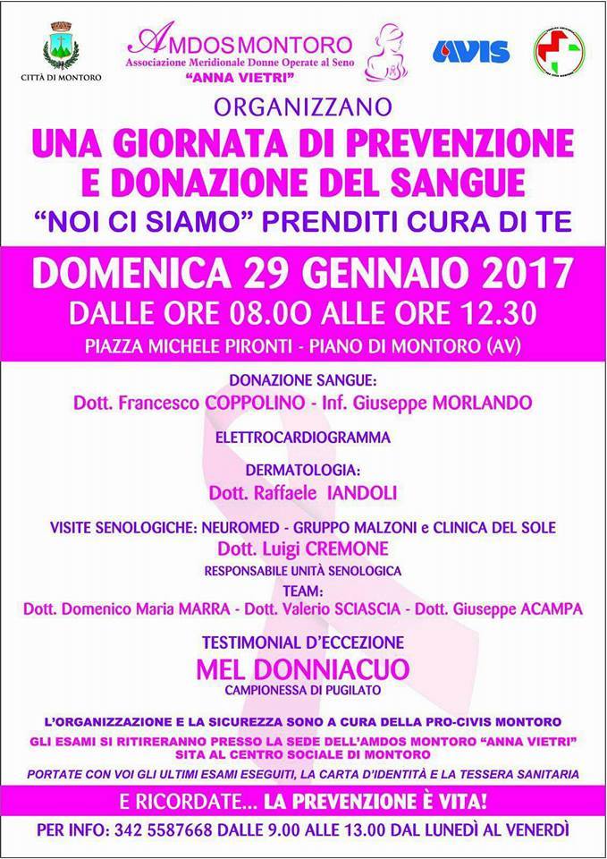 Domenica 29 a Montoro Giornata per la Prevenzione del Cancro e Donazione del Sangue - testimonial l'Azzurra Mel Donniacuo 