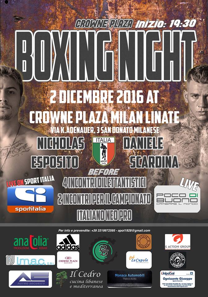 Stasera Boxing Night al Crowne Plaza di Milano Linate. Diretta SportItalia 