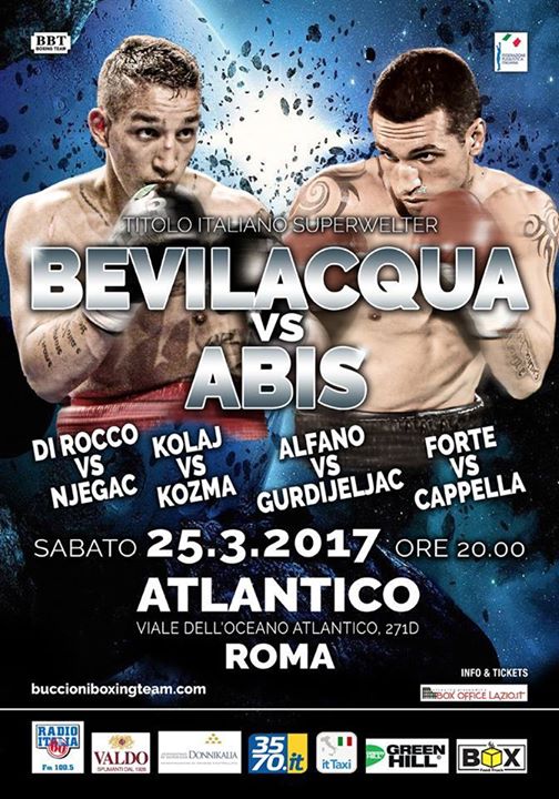 Il 25 Marzo a Roma Bevilacqua vs Abis Titolo Italiano SuperWelter - INFO TICKET #ProBoxing