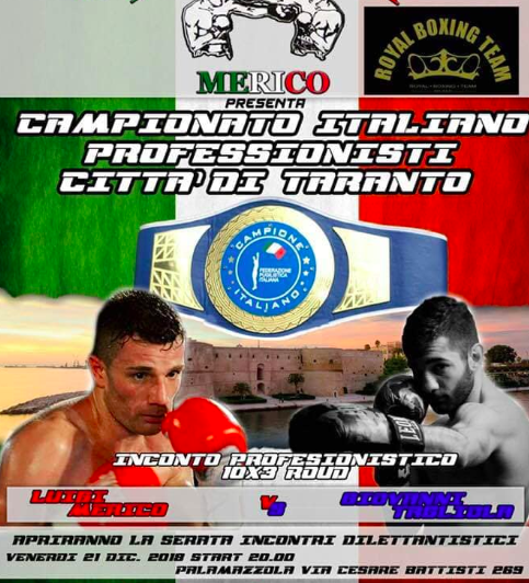 Il 21 dicembre a Taranto - Merico vs tagliola per il Titolo Italiano Supergallo #ProBoxing 