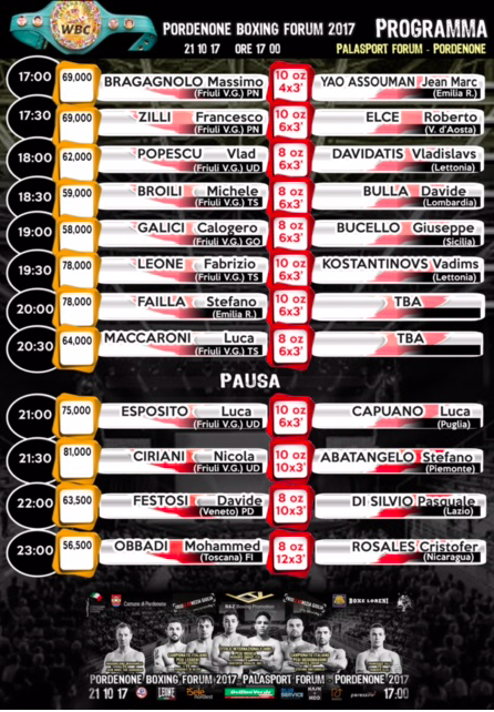 Il Cartellone della grande serata di Boxe del 21/10 a Pordenone: Main Event Il Titolo Int. WBC dei Mosca tra Obbadi e Rosales #ProBoxing