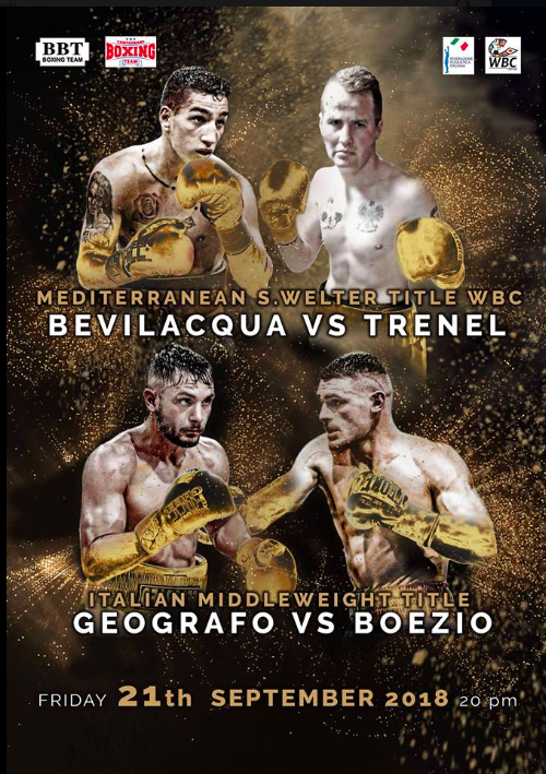 Il 21 Settembre a Roma Bevilacqua per il Titolo Mediterraneo WBC Superwelter - Geografo vs Boezio per l'Italiano Medi #ProBoxing