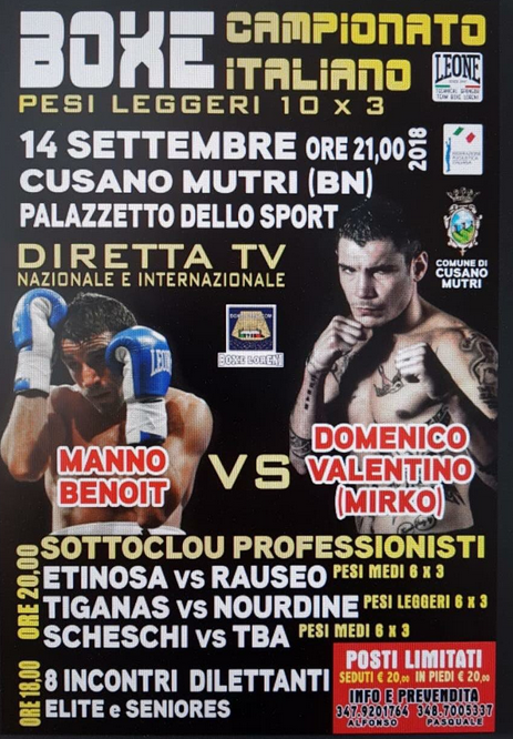 Il 14 Settembre a Cusano Mutri Valentino vs Manno per il Titolo Italiano Leggeri #ProBoxing