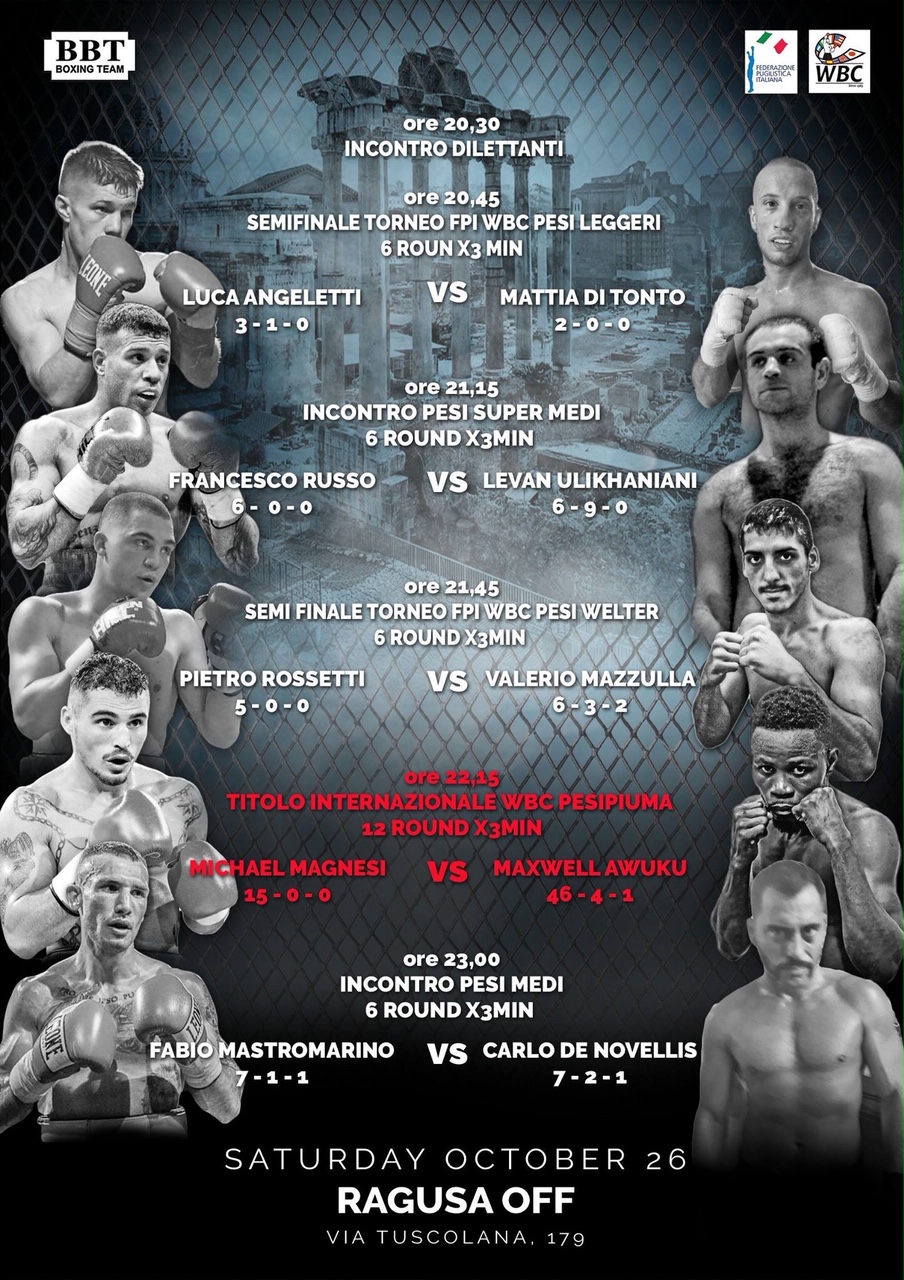 Domani la Cerimonia del Peso della Grande Serata di Boxe del 26/10 al Ragusa Off di Roma 