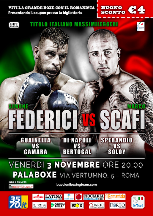 Il 3 Novembre a Roma Titolo Italiano Cruiser Federici vs Scafi - OGGI H 16.30 Cerimonia del Peso - PROGRAMMA SOTTOCLOU DEFINITIVO #ProBoxing