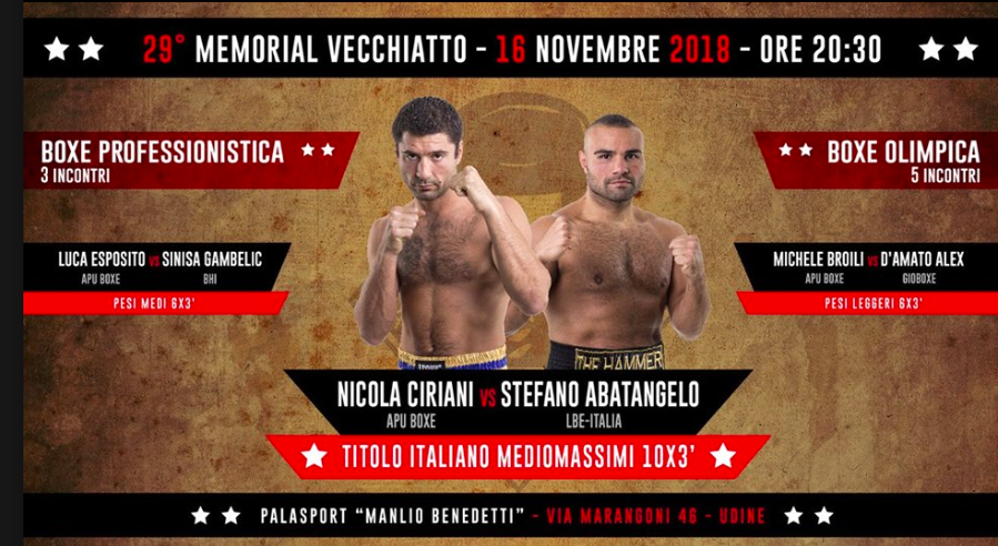 Il 16 novembre a Udine Abatangelo vs Ciriani per il Titolo Italiano Mediomassimi - INFO SOTTOCLOU#ProBoxing