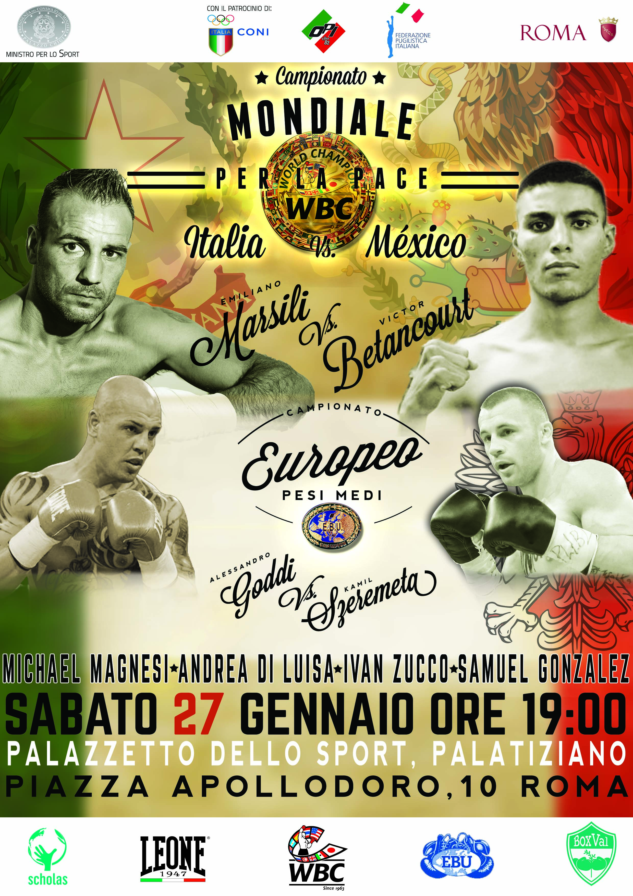 Torna la Grande Boxe in Italia Sabato 27 gennaio a Roma il “Campionato per la Pace WBC”  Emiliano Marsili (Italia) vs Victor Betancourt (México)