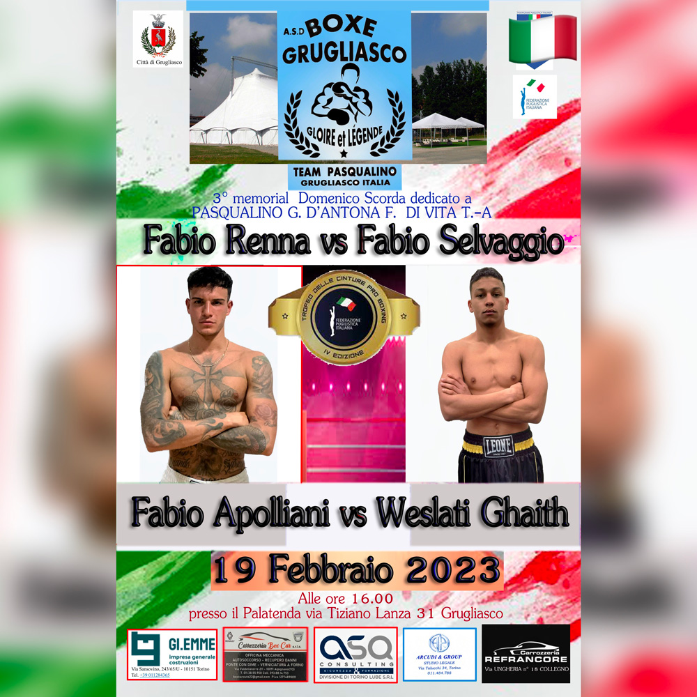 Il 19 febbraio a Grugliasco la Finale Superpiuma IV Trofeo Cinture FPI tra Apolliani e Ghaith 